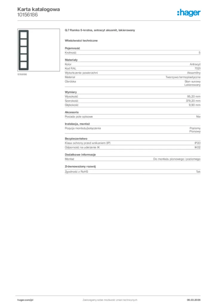 Zdjęcie Hager Karta katalogowa 10156186 | Hager Polska
