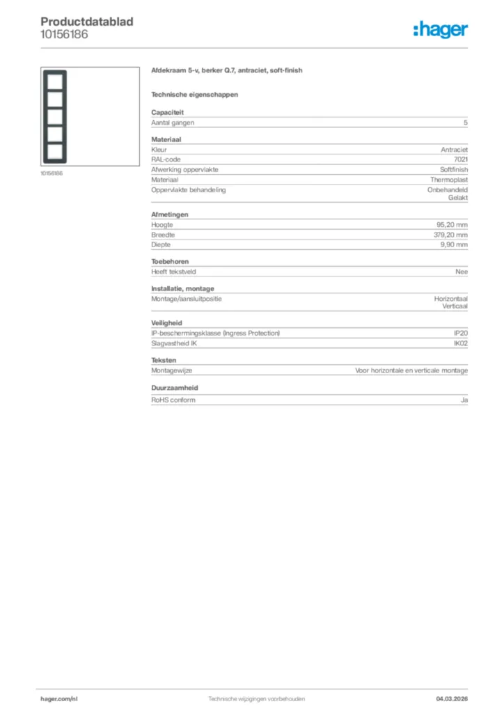Afbeelding Hager Productdatablad 10156186 | Hager Nederland