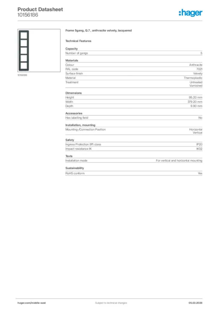Image Hager Product data sheet 10156186  | Hager