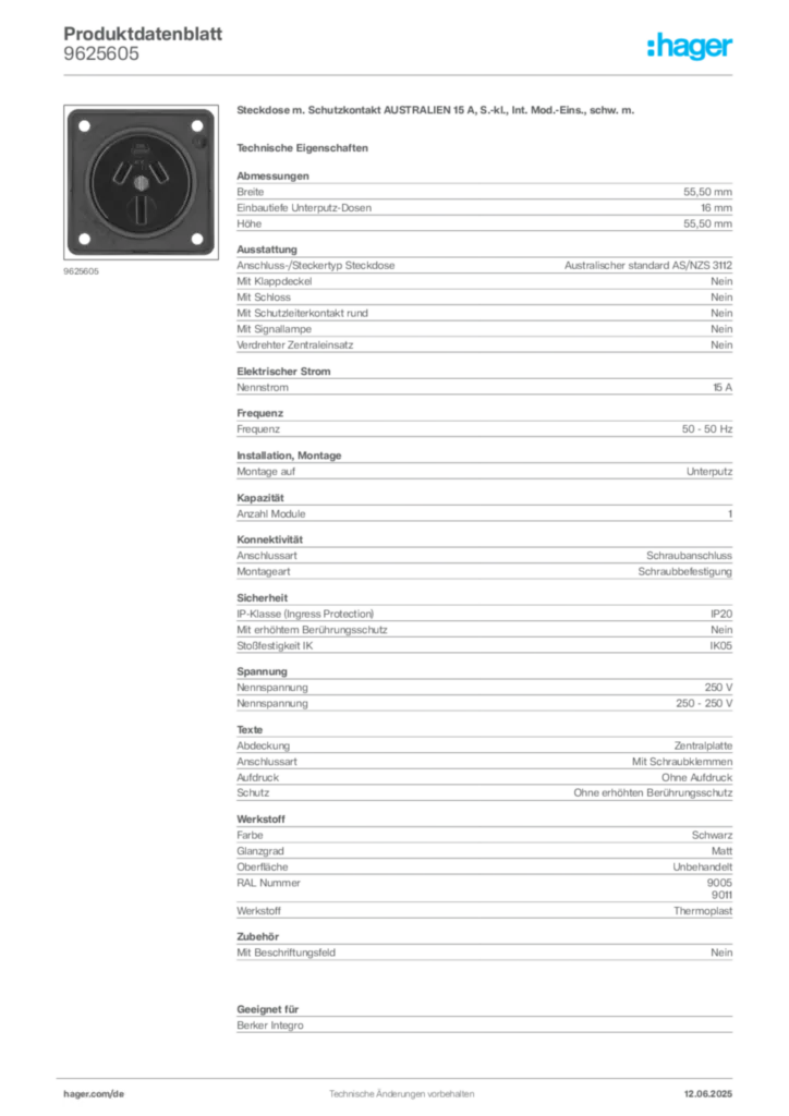 Bild Berker Produktdatenblatt 9625605 | Hager Deutschland