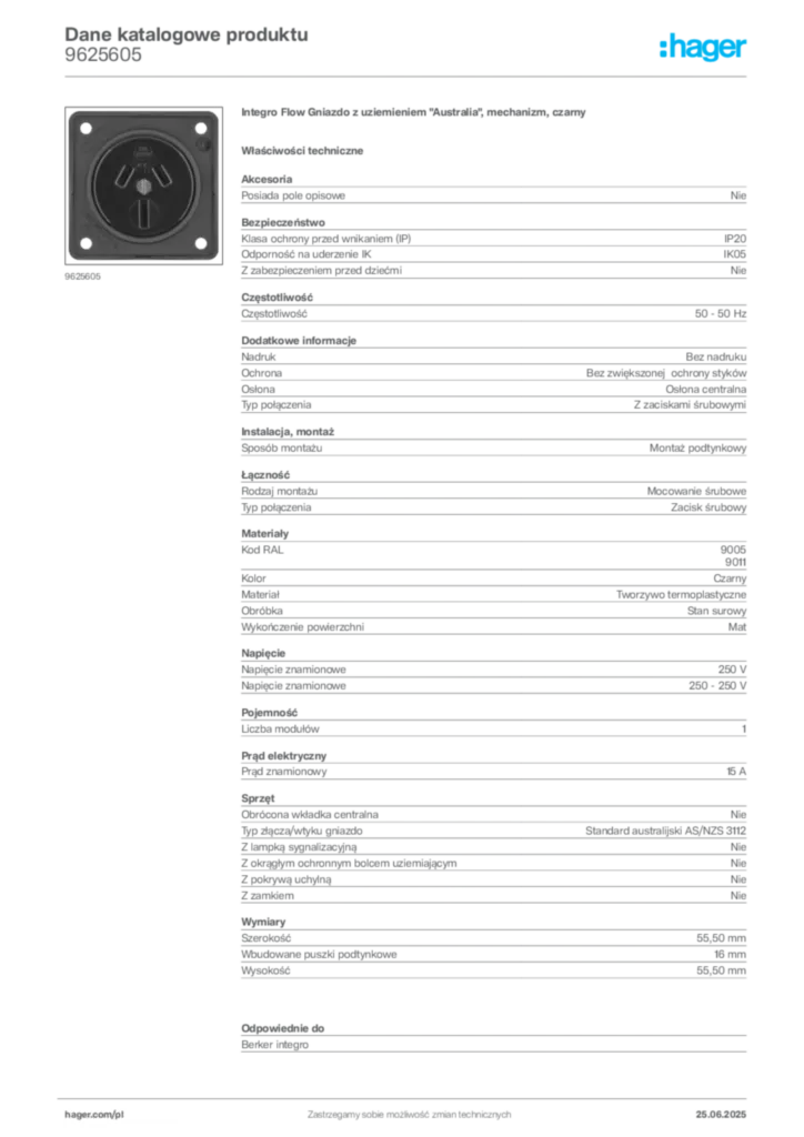 Zdjęcie Hager Dane katalogowe produktu 9625605 | Hager Polska