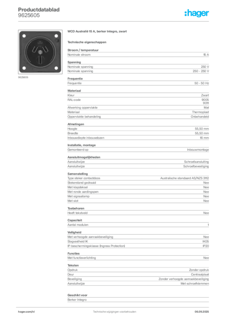 Afbeelding Hager Productdatablad 9625605 | Hager Nederland