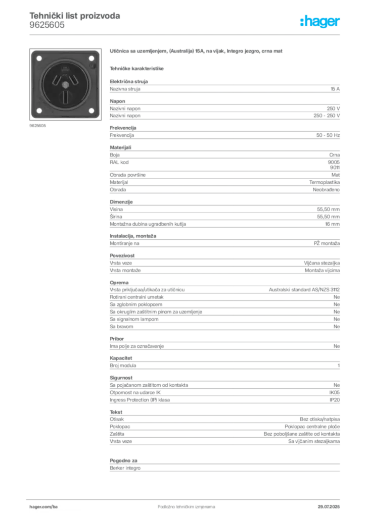 Slika Hager Product data sheet 9625605  | Hager