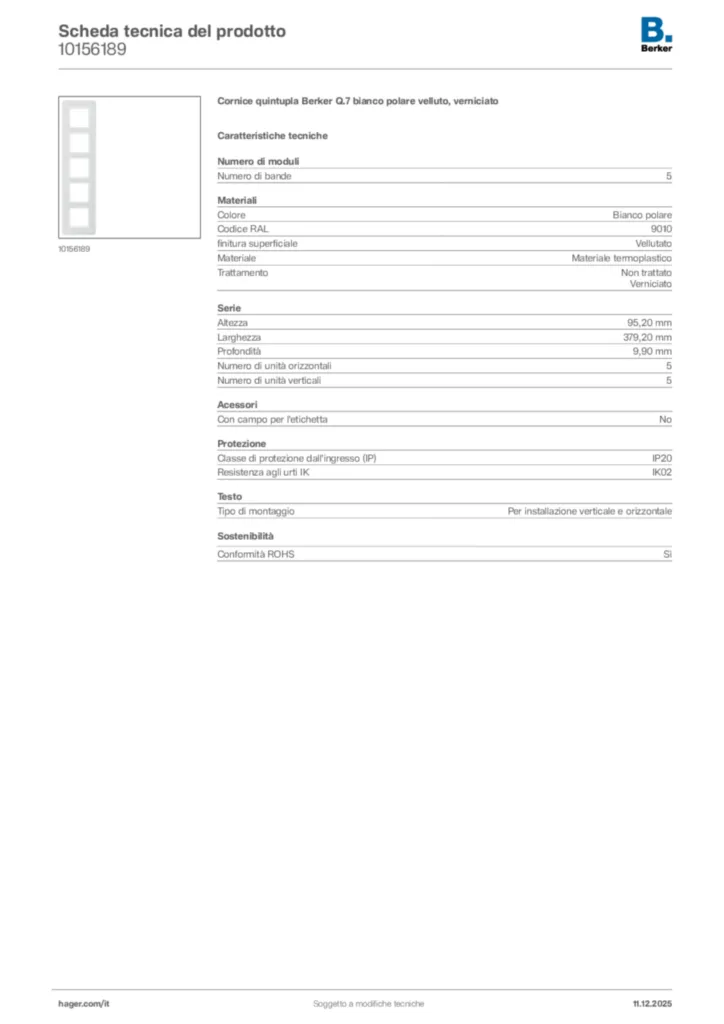 Immagine Berker Scheda tecnica del prodotto 10156189 | Hager Italia