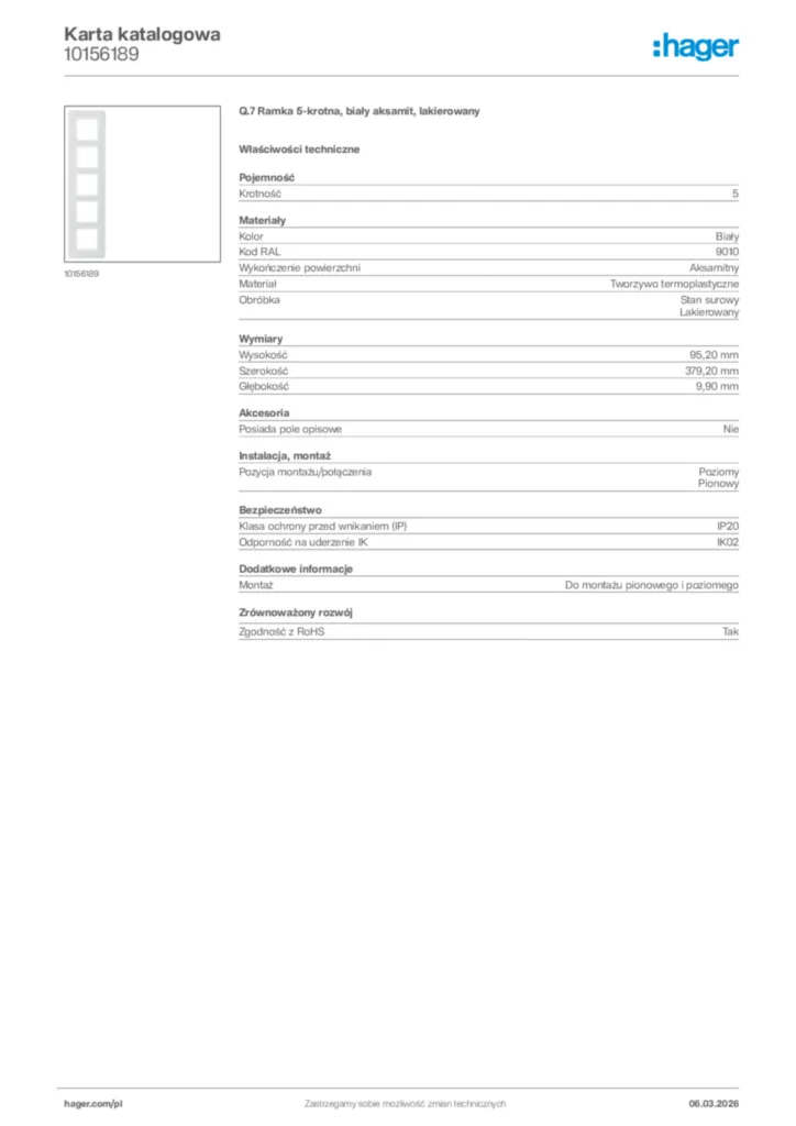 Zdjęcie Hager Karta katalogowa 10156189 | Hager Polska