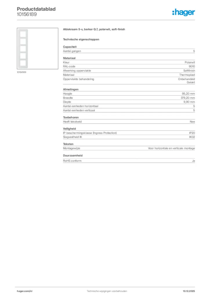 Afbeelding Hager Productdatablad 10156189 | Hager Nederland