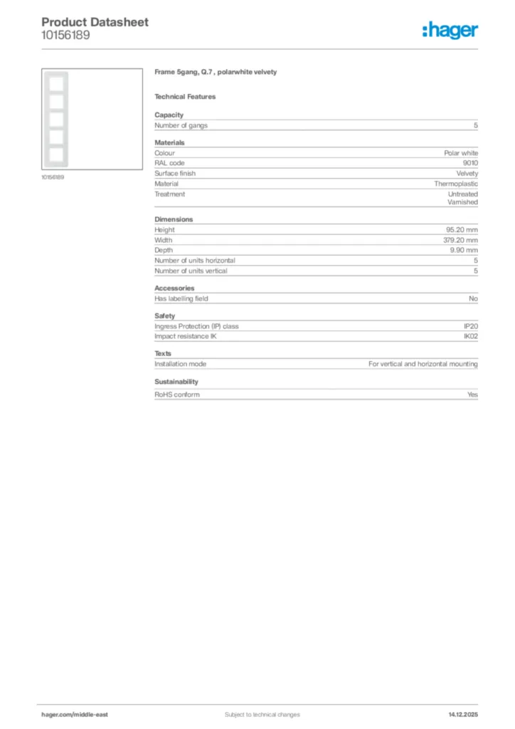 Image Hager Product data sheet 10156189  | Hager