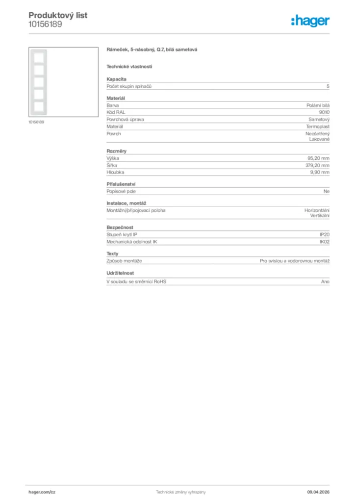 Obrázek Hager Product data sheet 10156189 | Hager