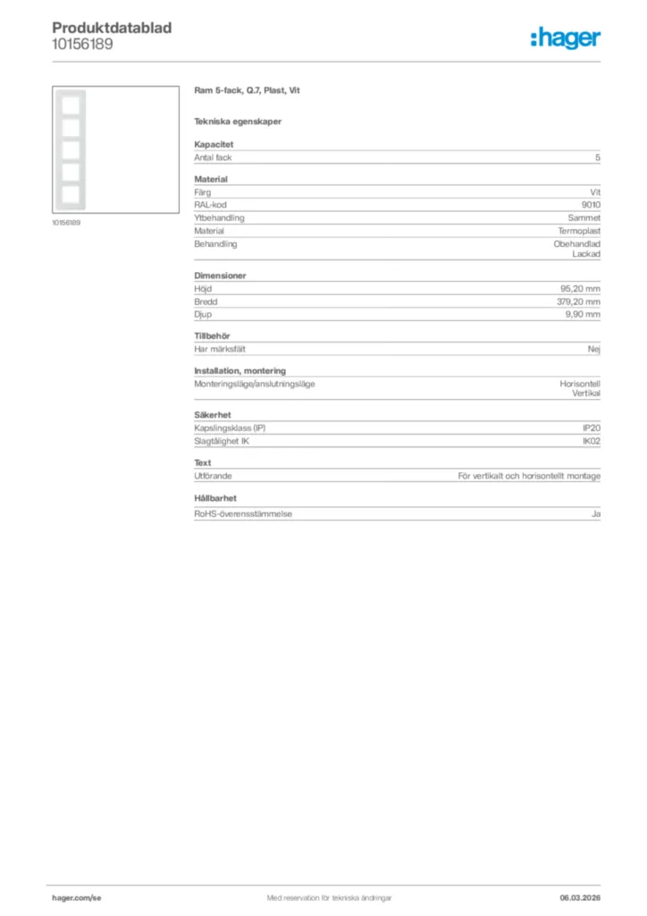 Bild Hager Produktdatablad 10156189 | Hager Sverige
