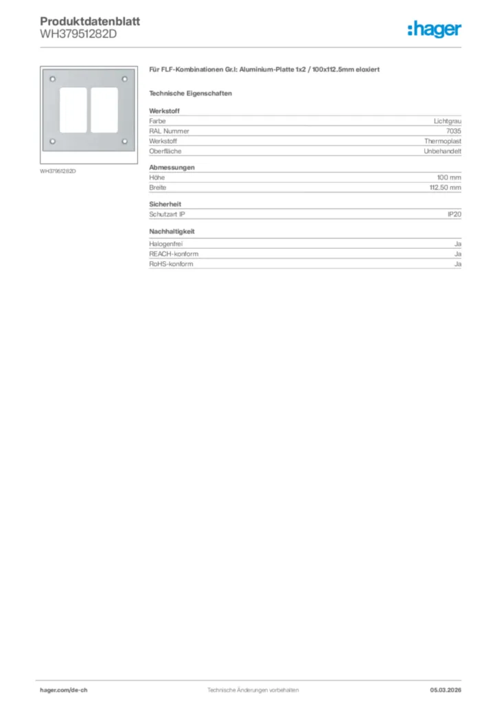 Bild Hager Produktdatenblatt WH37951282D | Hager Schweiz