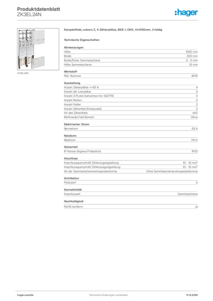Bild Hager Produktdatenblatt ZK3EL24N | Hager Deutschland
