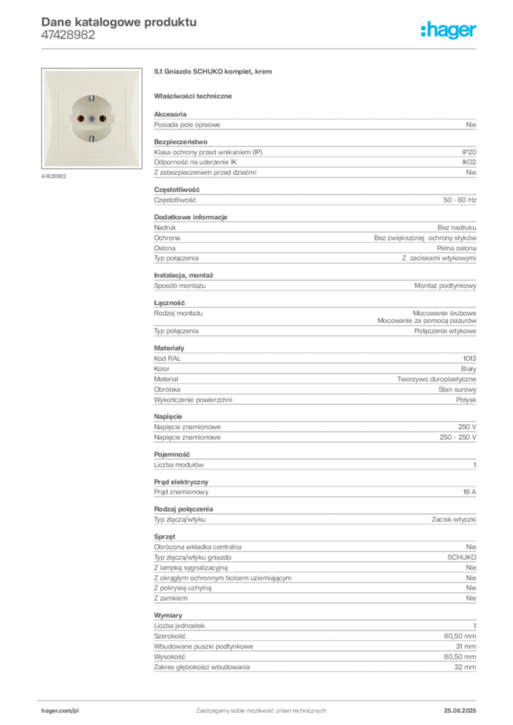 Zdjęcie Hager Dane katalogowe produktu 47428982 | Hager Polska