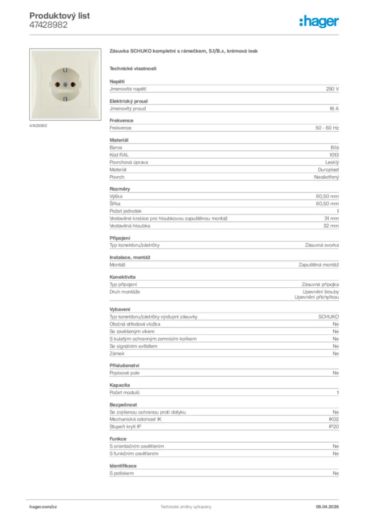 Obrázek Hager Product data sheet 47428982 | Hager