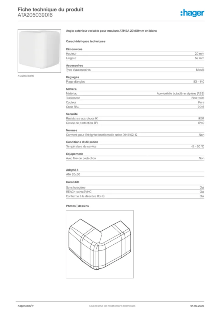 Image Hager Fiche technique du produit ATA205039016 | Hager France