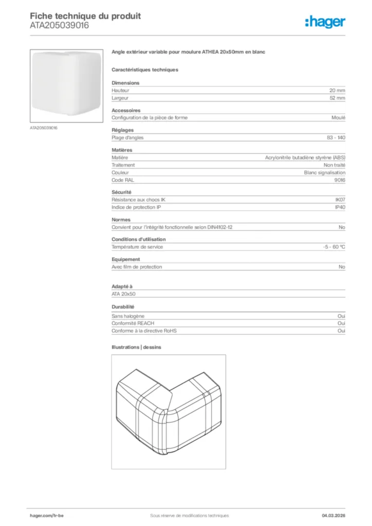 Image Hager Fiche technique du produit ATA205039016 | Hager Belgique