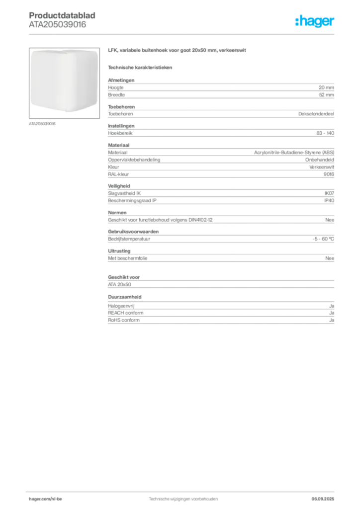 Afbeelding Hager Productdatablad ATA205039016 | Hager Belgium
