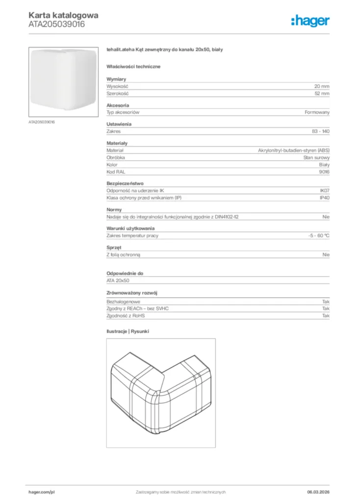 Zdjęcie Hager Karta katalogowa ATA205039016 | Hager Polska