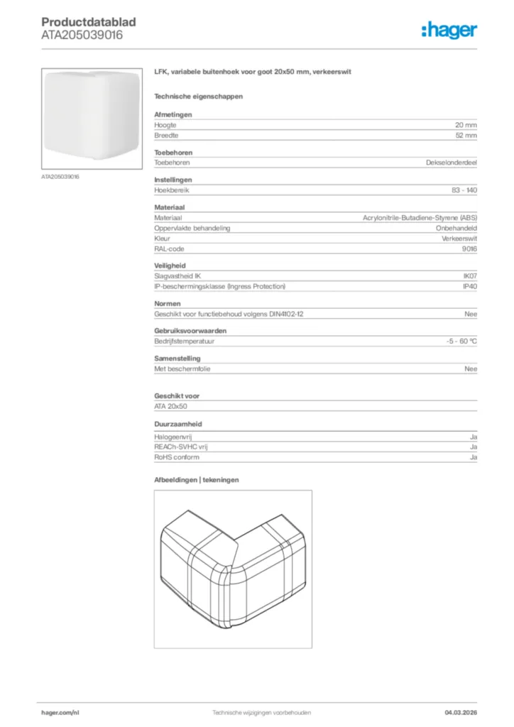 Afbeelding Hager Productdatablad ATA205039016 | Hager Nederland