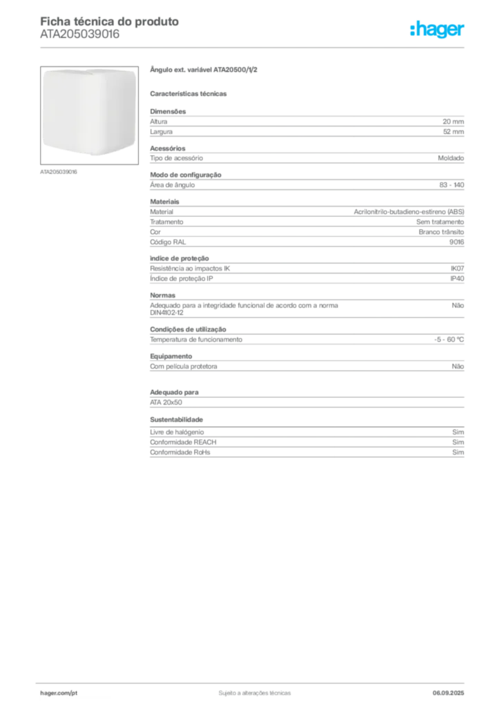 Imagem Hager Ficha técnica do produto ATA205039016 | Hager Portugal