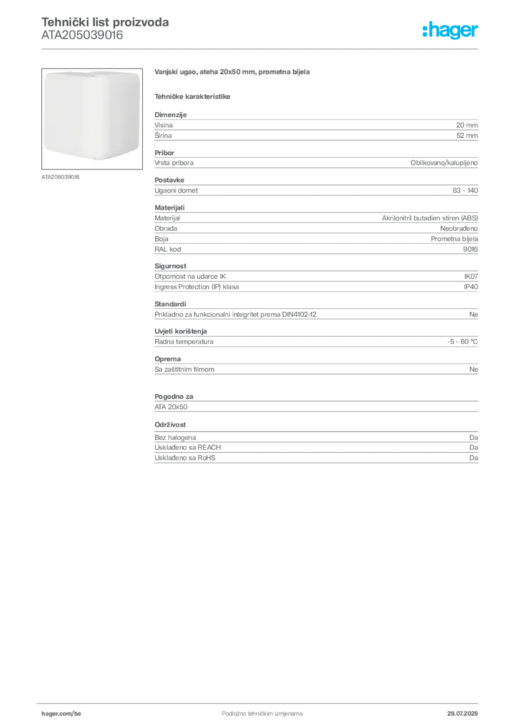 Slika Hager Product data sheet ATA205039016  | Hager