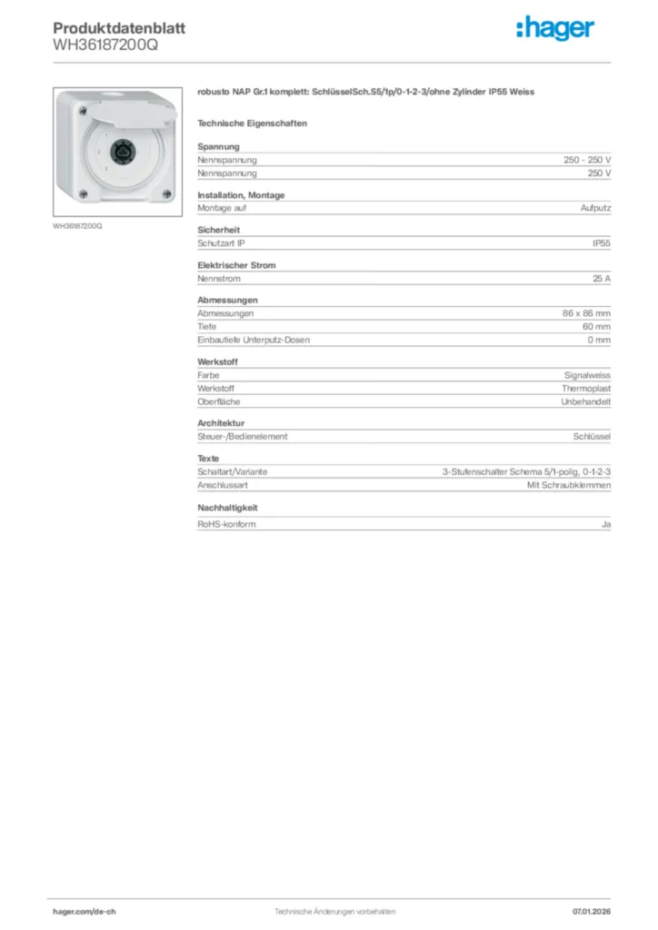 Bild Hager Produktdatenblatt WH36187200Q | Hager Schweiz