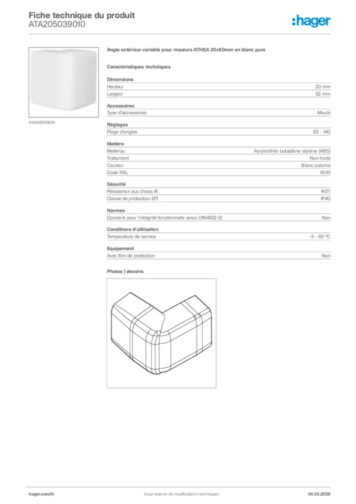 Image Hager Fiche technique du produit ATA205039010 | Hager France