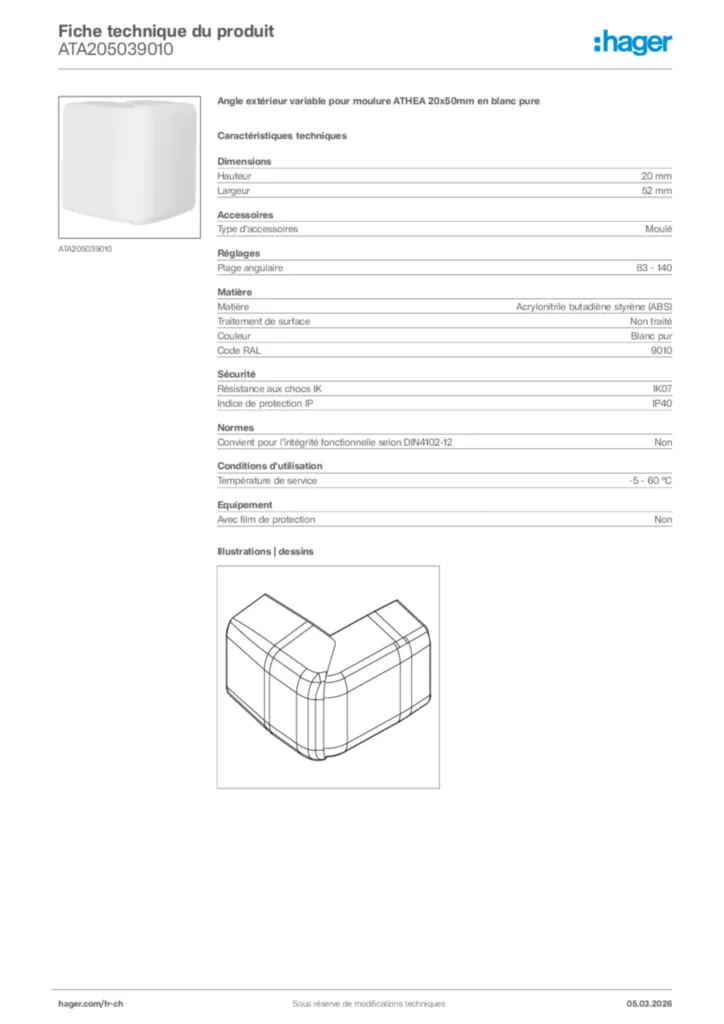 Image Hager Fiche technique du produit ATA205039010 | Hager Suisse