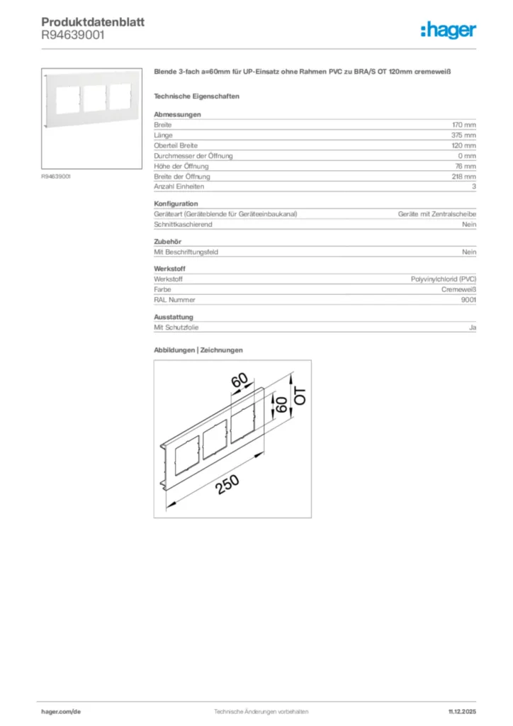 Bild Hager Produktdatenblatt R94639001 | Hager Deutschland