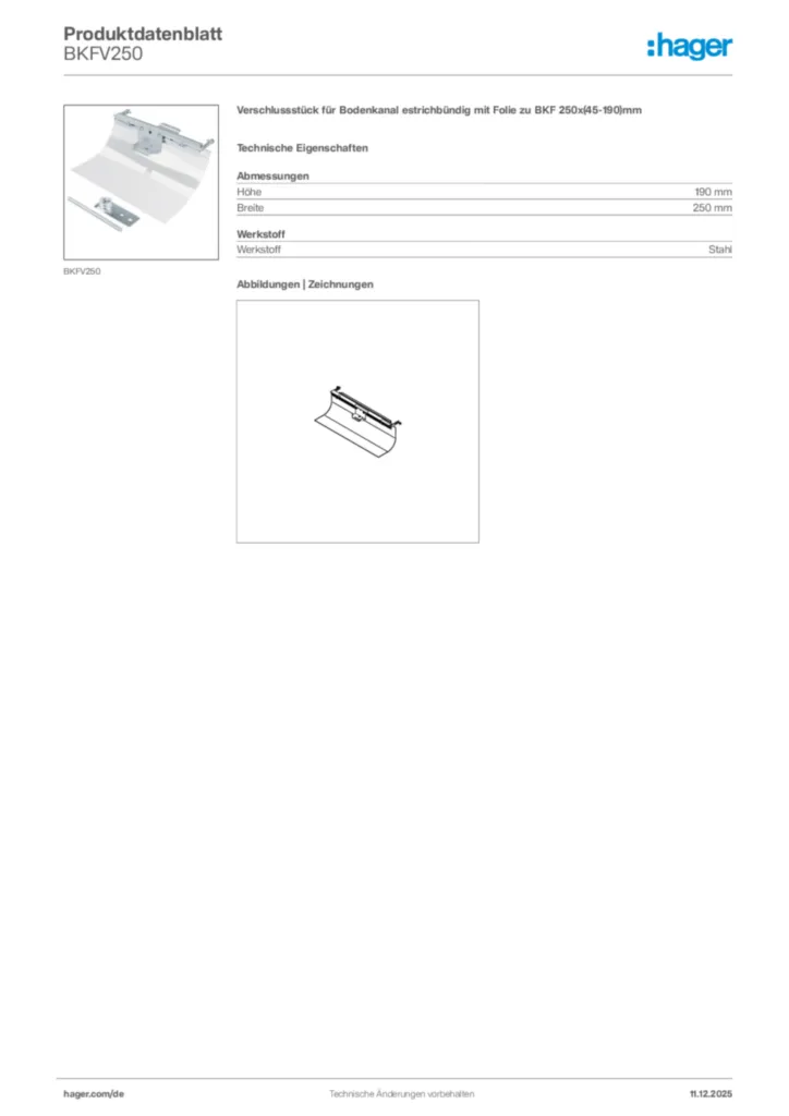 Bild Hager Produktdatenblatt BKFV250 | Hager Deutschland
