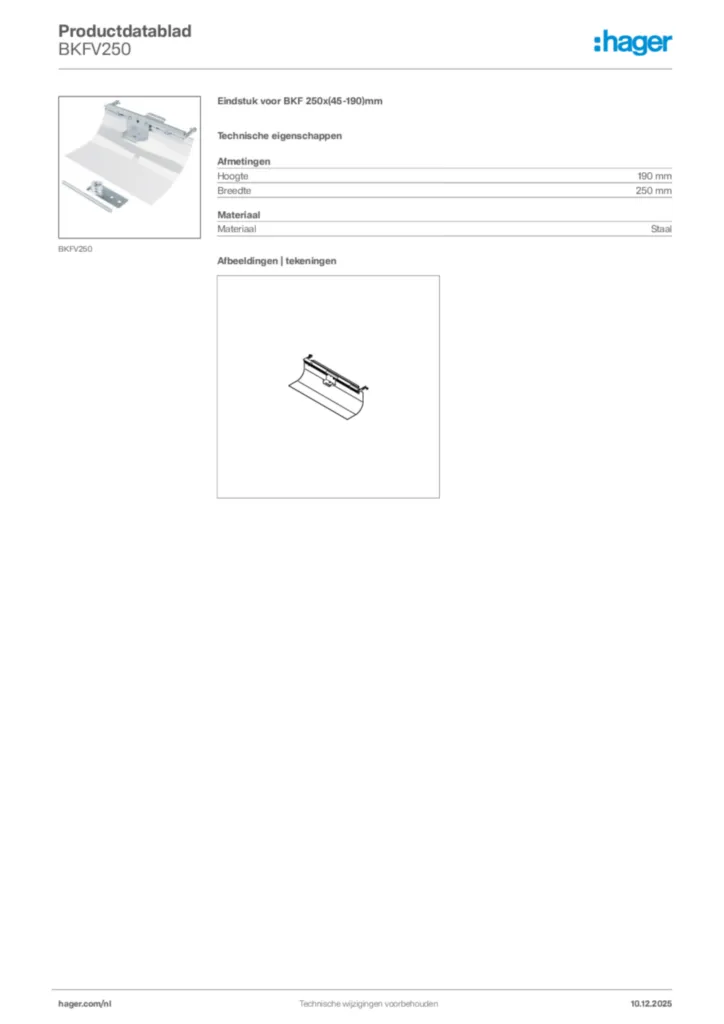 Afbeelding Hager Productdatablad BKFV250 | Hager Nederland