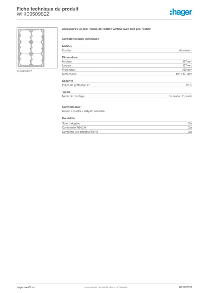 Image Hager Fiche technique du produit WH10950982Z | Hager Suisse