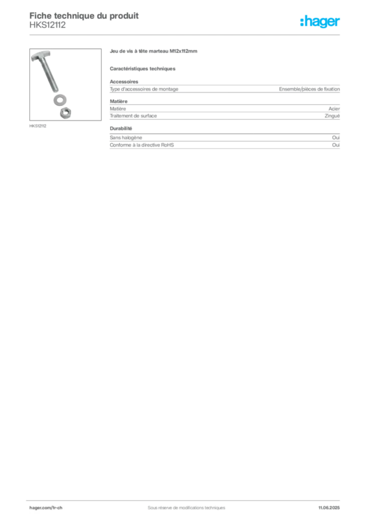 Image Hager Fiche technique du produit HKS12112 | Hager Suisse