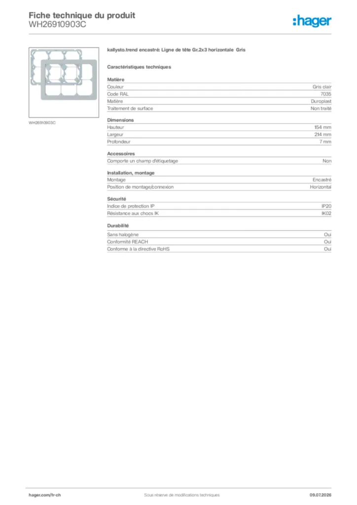 Image Hager Fiche technique du produit WH26910903C | Hager Suisse