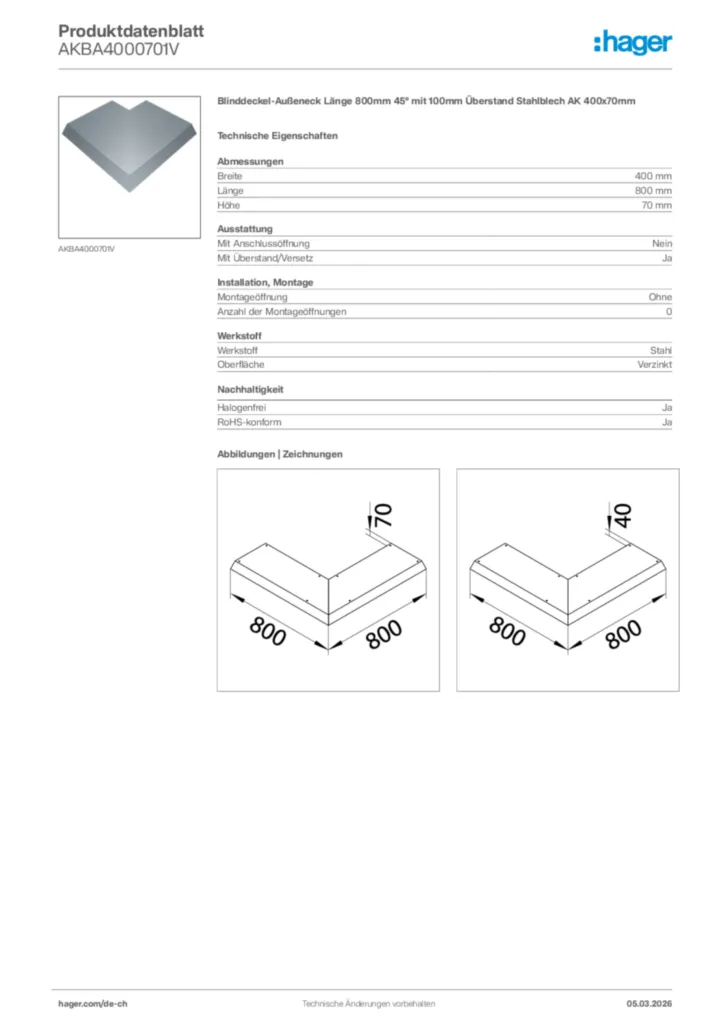 Bild Hager Produktdatenblatt AKBA4000701V | Hager Schweiz
