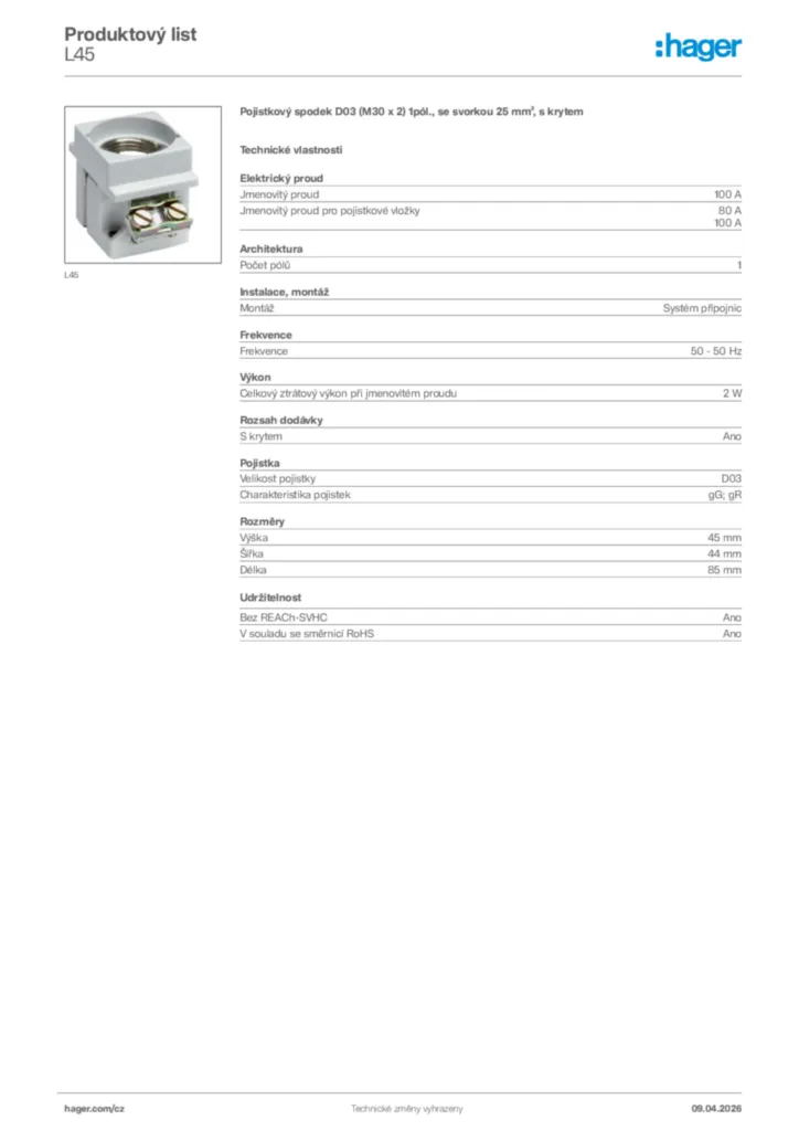 Obrázek Hager Product data sheet L45 | Hager