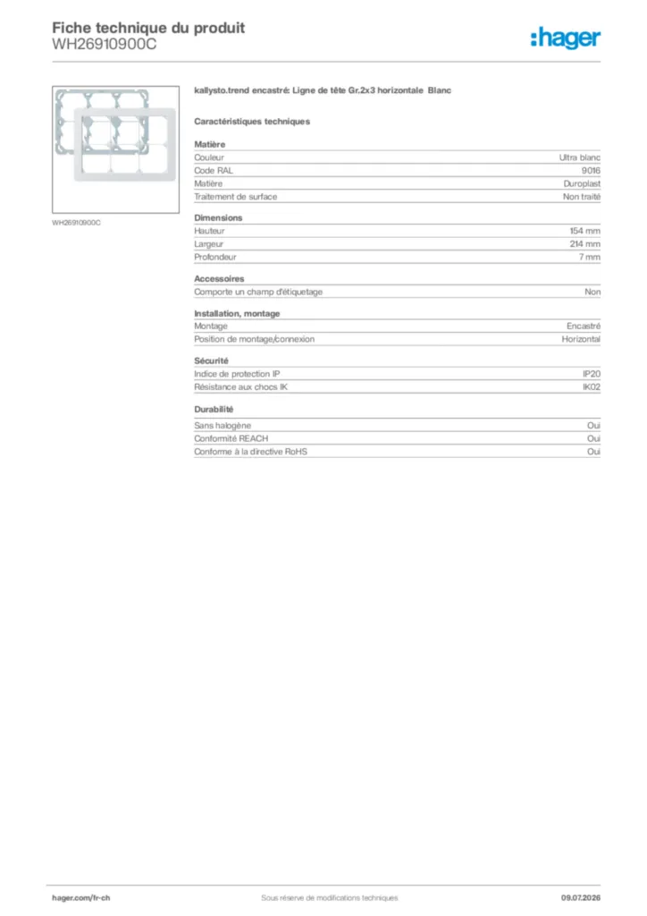 Image Hager Fiche technique du produit WH26910900C | Hager Suisse