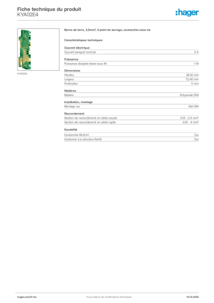 Image Hager Fiche technique du produit KYA02E4 | Hager Belgique