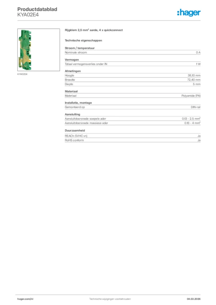 Afbeelding Hager Productdatablad KYA02E4 | Hager Nederland