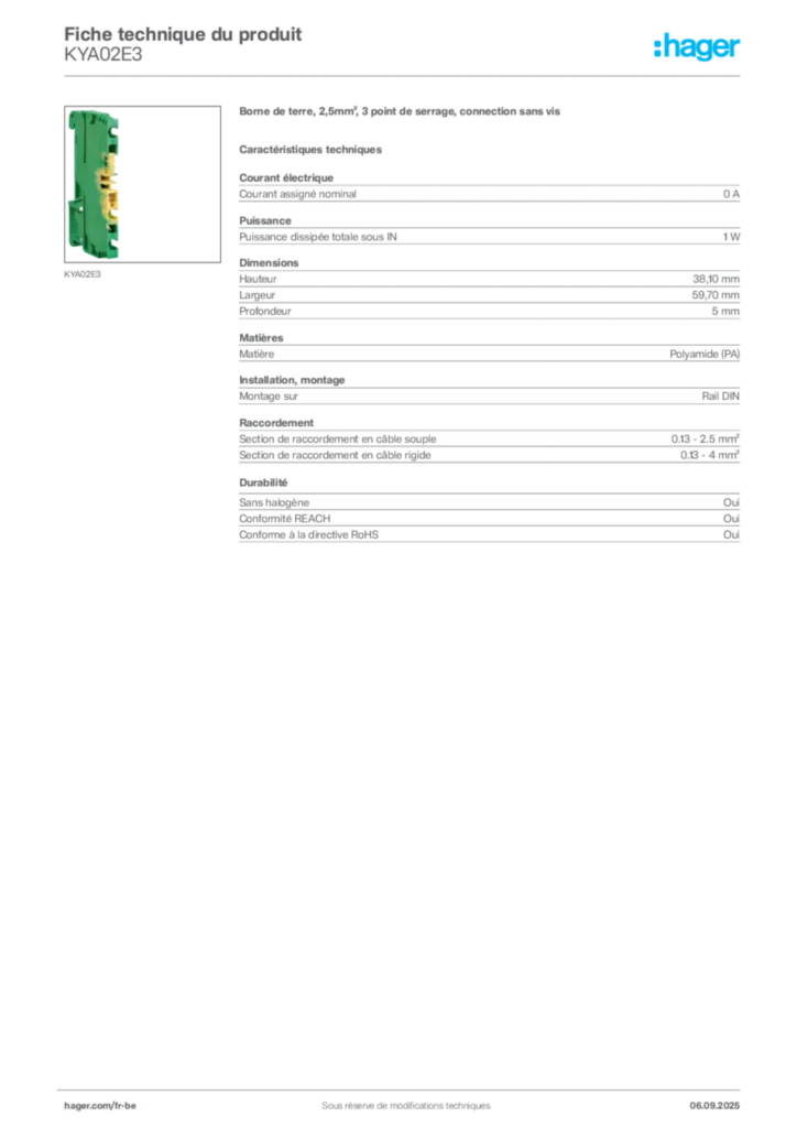 Image Hager Fiche technique du produit KYA02E3 | Hager Belgique