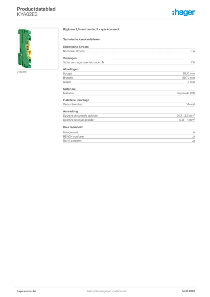 Afbeelding Hager Productdatablad KYA02E3 | Hager Belgium