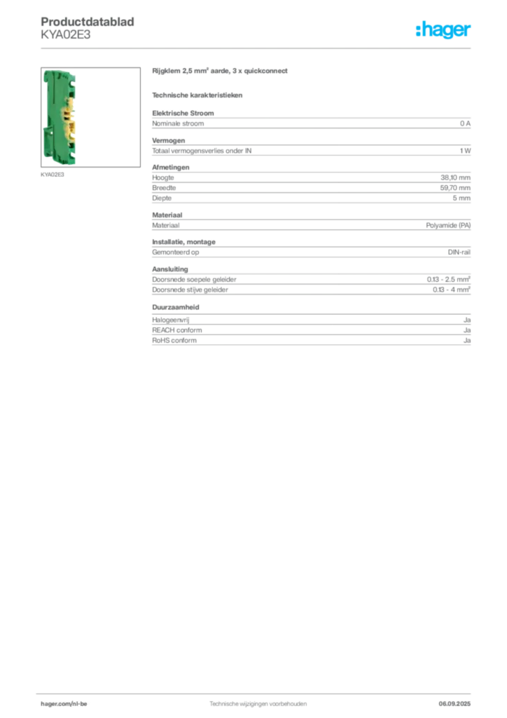 Afbeelding Hager Productdatablad KYA02E3 | Hager Belgium