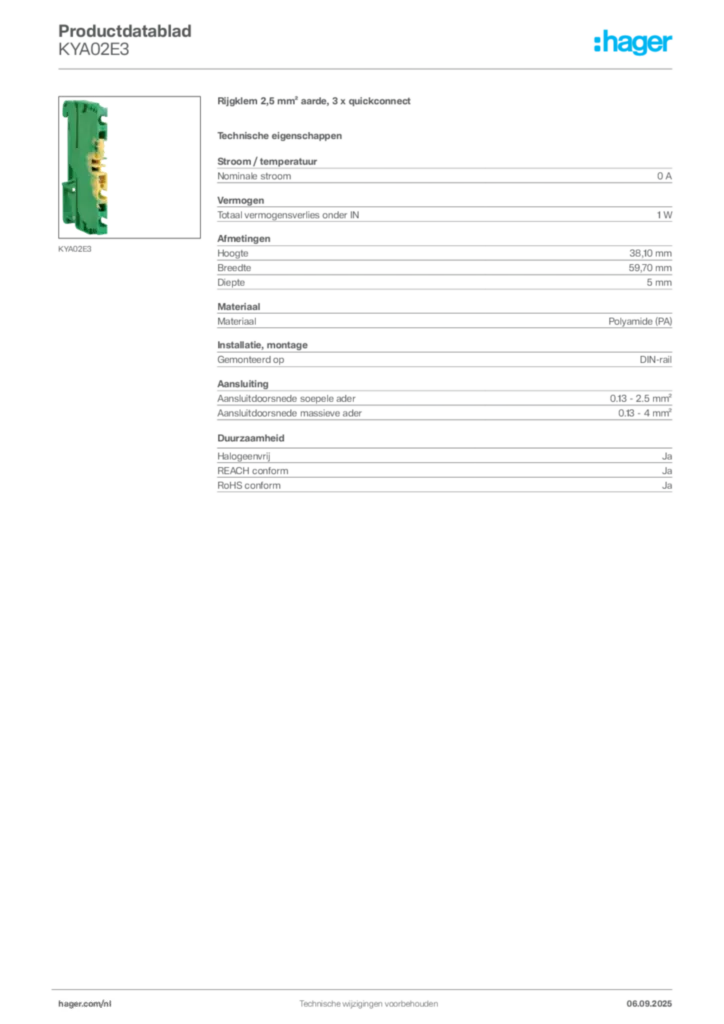 Afbeelding Hager Productdatablad KYA02E3 | Hager Nederland