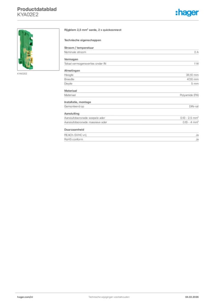 Afbeelding Hager Productdatablad KYA02E2 | Hager Nederland