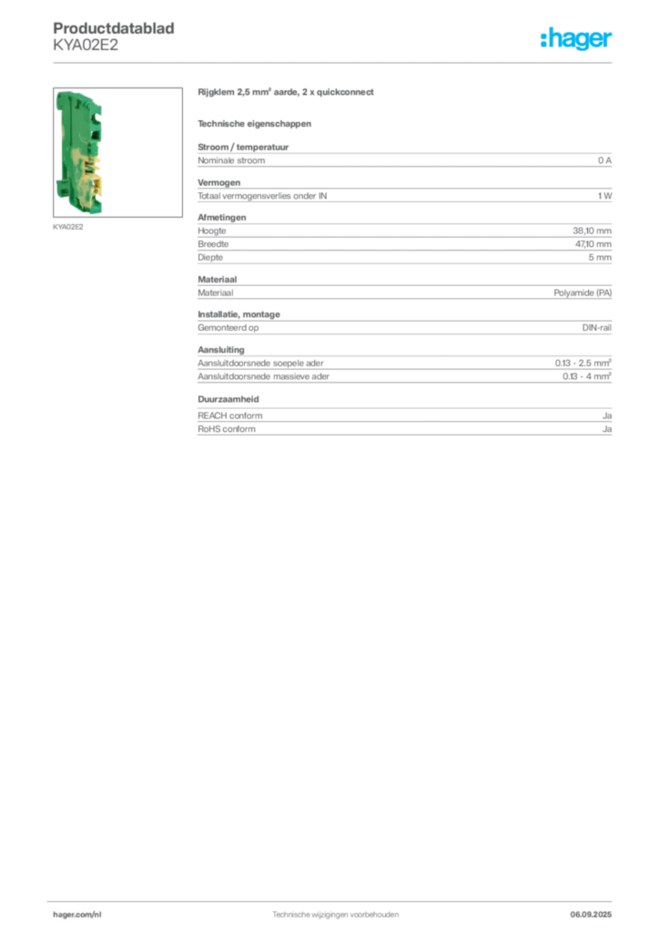Afbeelding Hager Productdatablad KYA02E2 | Hager Nederland