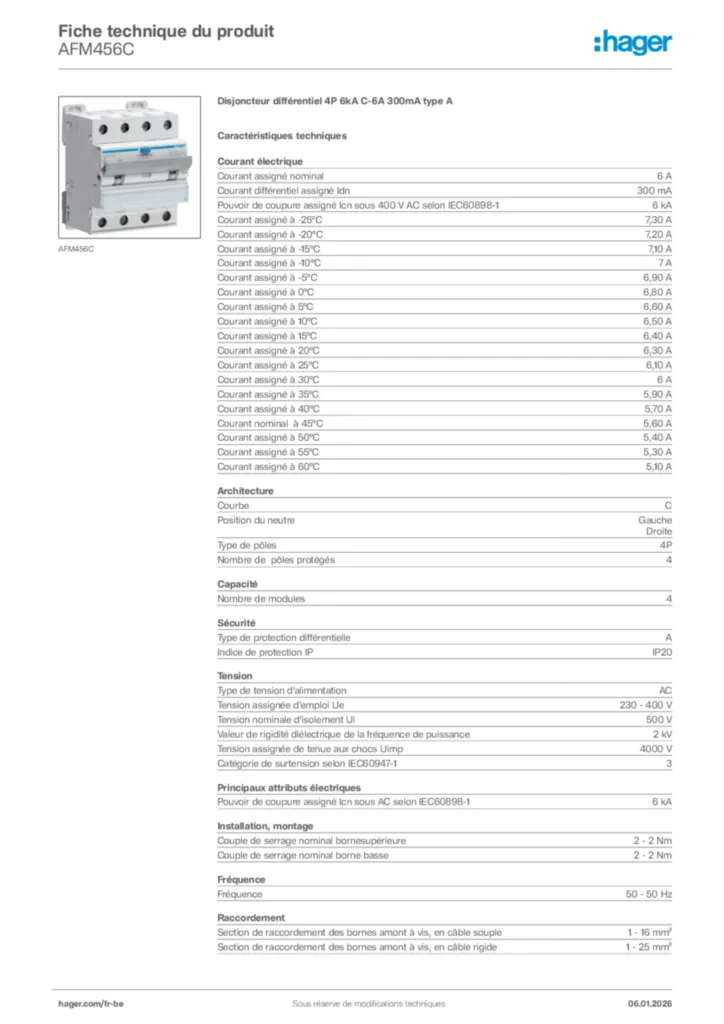 Image Hager Fiche technique du produit AFM456C | Hager Belgique