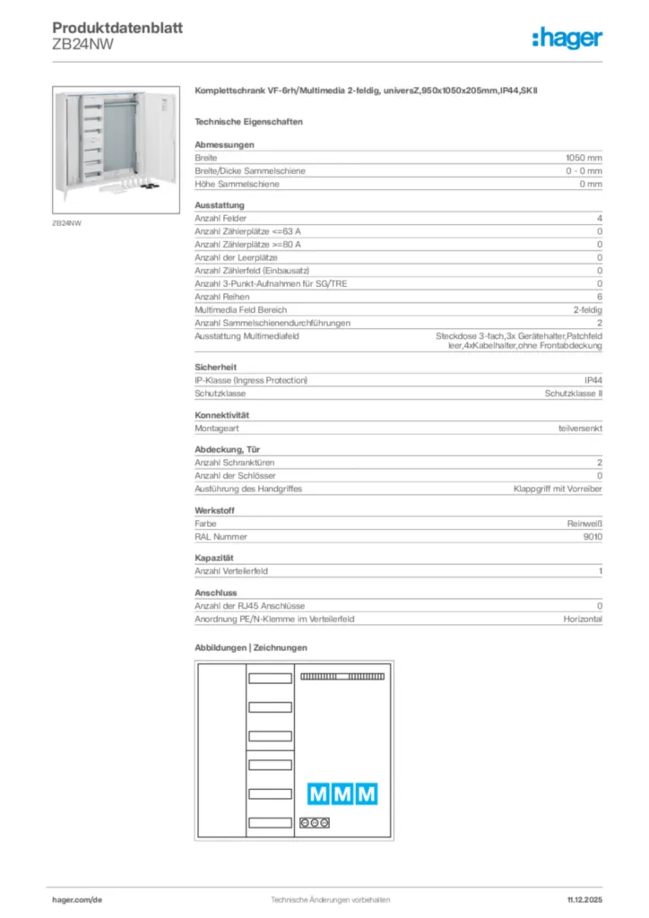 Bild Hager Produktdatenblatt ZB24NW | Hager Deutschland