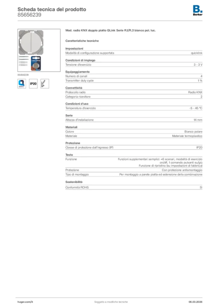 Immagine Berker Scheda tecnica del prodotto 85656239 | Hager Italia