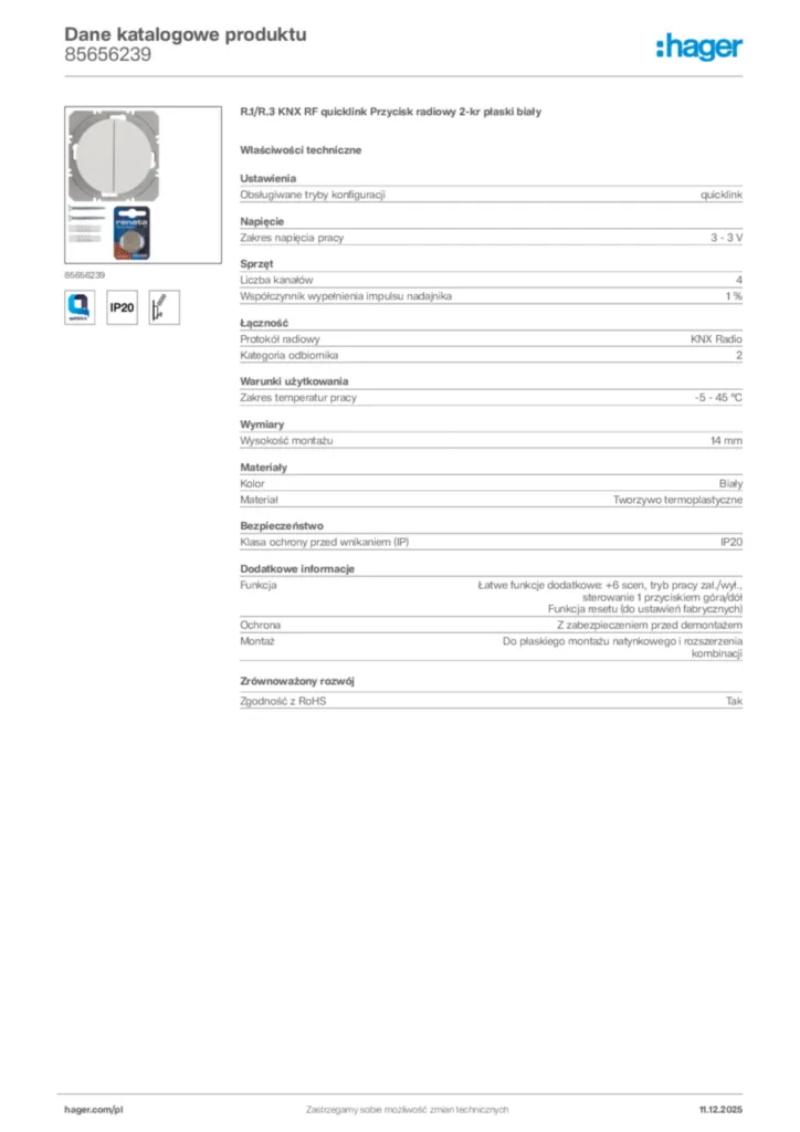 Zdjęcie Hager Dane katalogowe produktu 85656239 | Hager Polska
