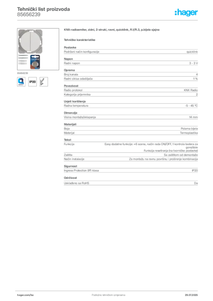 Slika Hager Product data sheet 85656239  | Hager