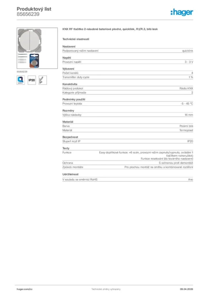 Obrázek Hager Product data sheet 85656239 | Hager